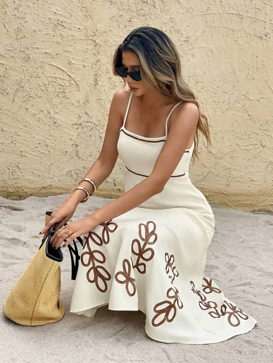 

Cream Floral Embroidered Spaghetti Strap Maxi Dress Summer Beach Vacation
