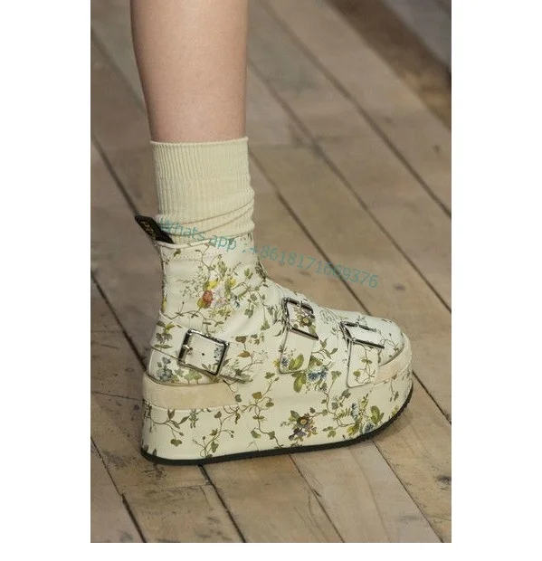 

2023 Dress Fashion Print Floral Platform Boots Women Round Toe High Heel Design Buckle Shoes Club Lady Luxury Shoes Ankle
