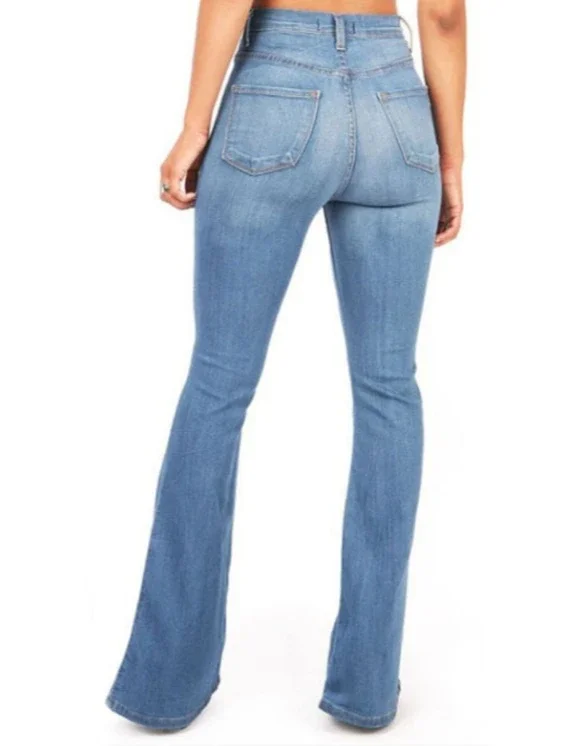 Denim Flare Pants Women Jeans Boot Cut Trousers High Waist Distressed Washed Pockets Vintage Floor Length Streetwear