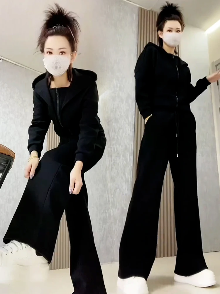 

Модный спортивный костюм для женщин: свободные повседневные универсальные брюки с высокой талией и широкими штанинами, комплект из двух предметов, новинка весны-осени