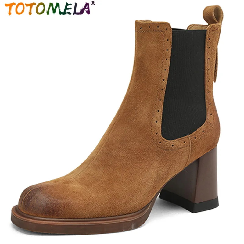 

TOTOMELA 2024 New Slip On Pig Skin Women Boots Thick High Heels Dress Shoes Retro Spring Autumn Ankle Platform Boots