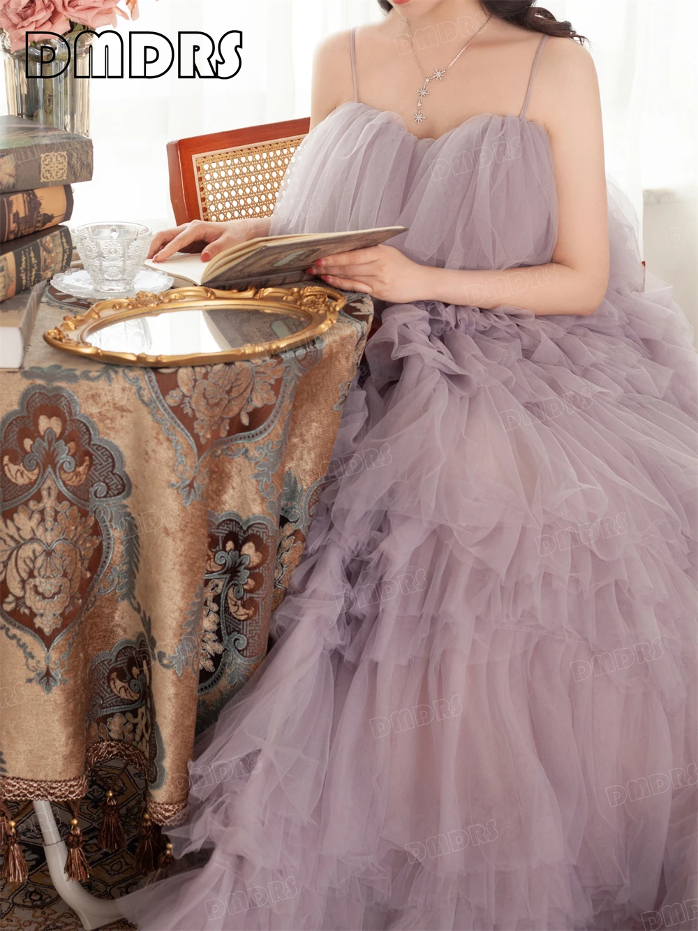 

Romantic Lilac Puffy Tulle Formal Dress For Women For Photo Shoot Spaghetti Straps Tiered Ballgown Prom Dresses Party Gown