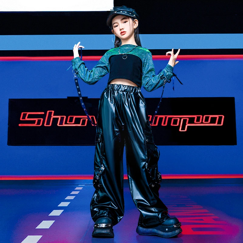 Hippe hiphop kleding voor meisjes, stijlvol streetdance kostuum, set met crop top en leren broek, kinder jazz outfit.