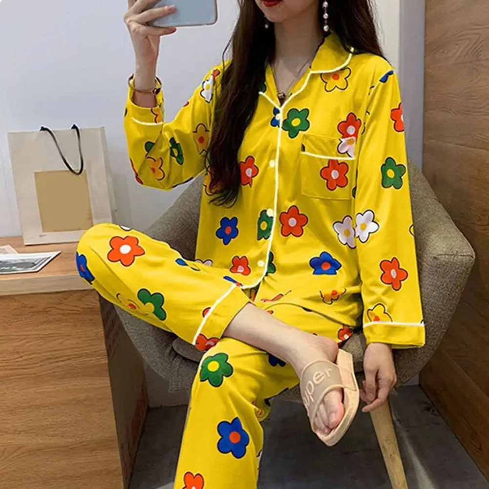 2 Pcs/Set Fall Spring Women Pajamas Suit Satin Colorful Cartoon Flower Printing Thin Pastoral Style Long Sleeve Top Wide Leg Pan