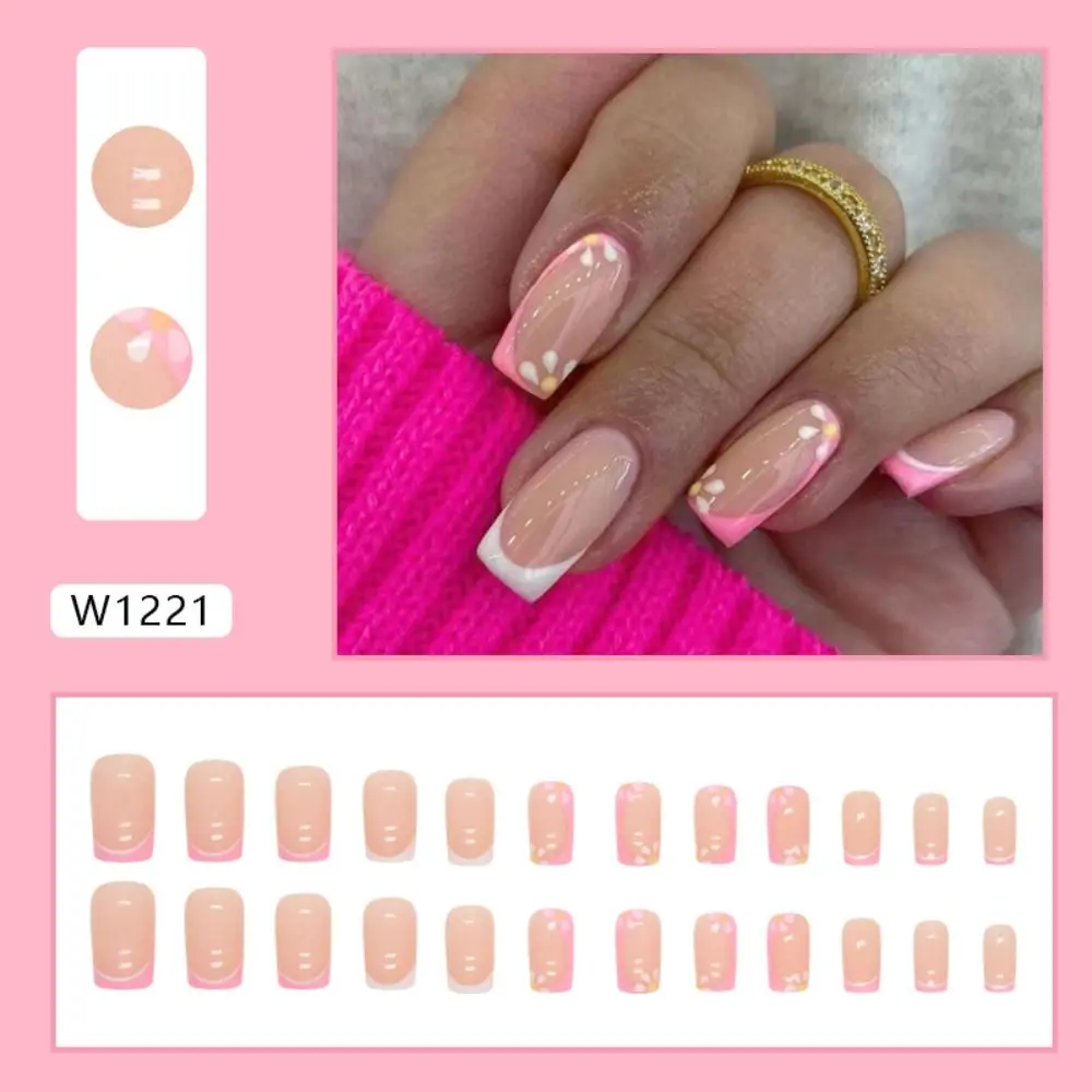 Fashion Long Square False Nails Glitter Aurora French Fake Nials Flowers Wavy Full Cover Press on Nails Women Girls
