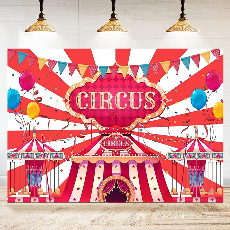 Photography Backdrop Circus Theme Party Backdrop Red White Striped Tent Balloons Baby Shower Dessert Table Decor Banner