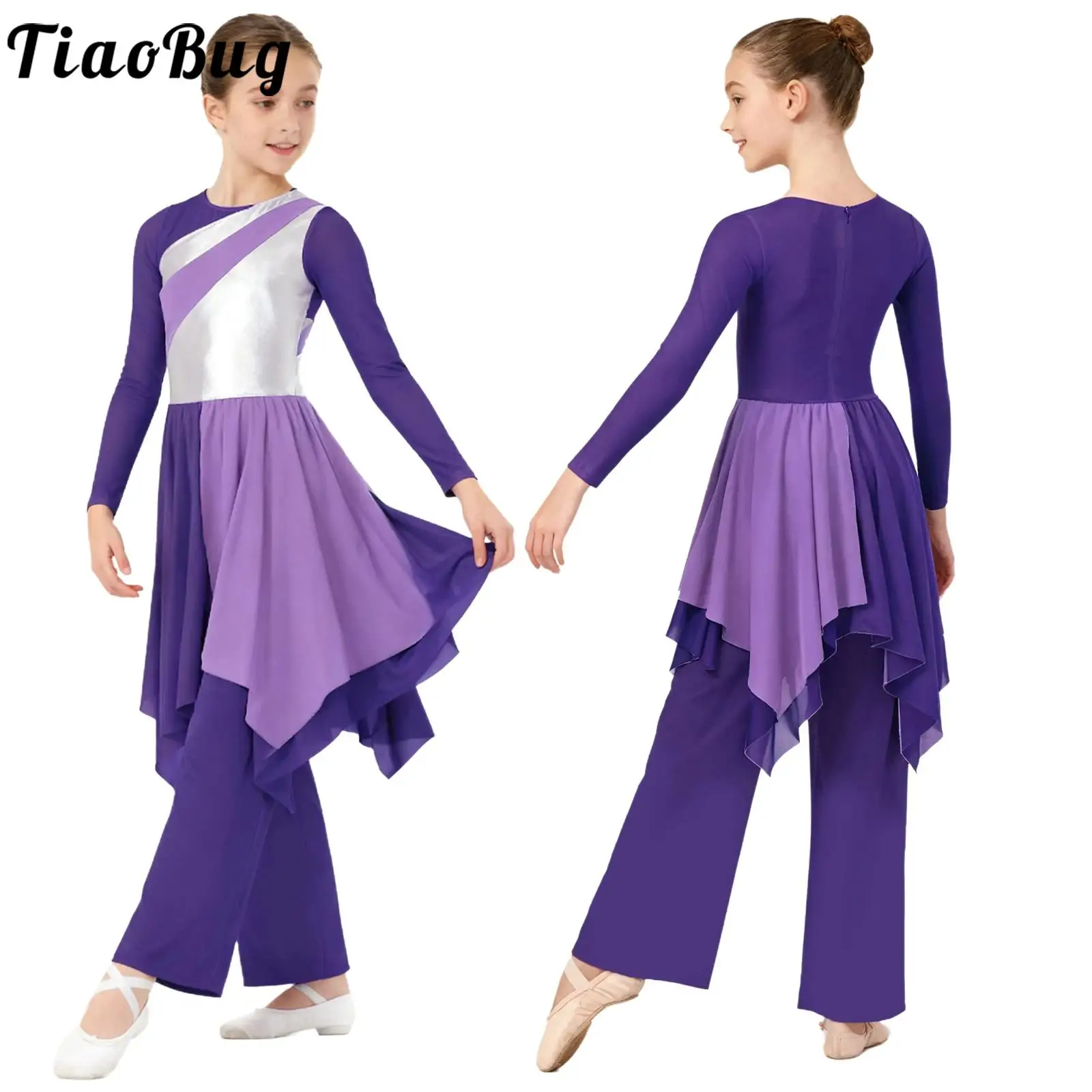 Kid Girls Praise Lyrical Dance Outfit Worship Performance Costume Long Sleeve Metallic Color Block Dress with Wide-Leg Pants Set
