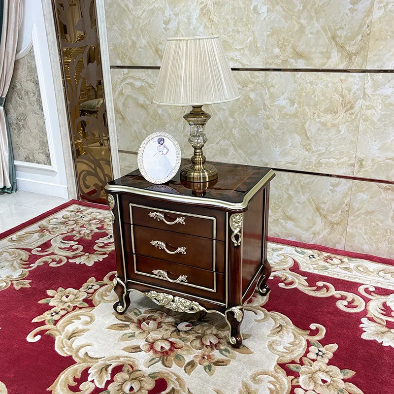 French bedside table, European court luxury wood carving flower neoclassical bedroom bedside table, three drawers locker