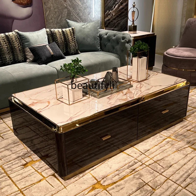 

Italian-Style Light Luxury Solid Wood Coffee Table TV Cabinet Combination Villa Living Room Post-Modern Rectangular Coffee Table