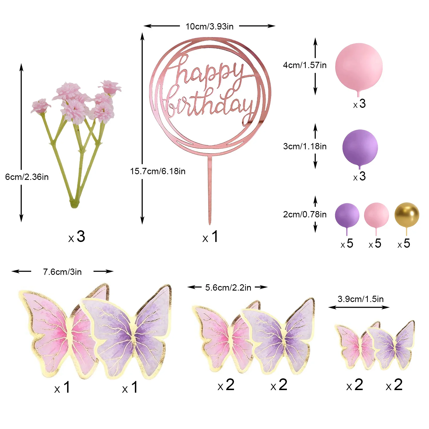 Pink Purple Balls Cake Toppers Butterfly Cake Decorations Happy Birthday Cake Topper for Wedding Baby Shower Birthday Flower The
