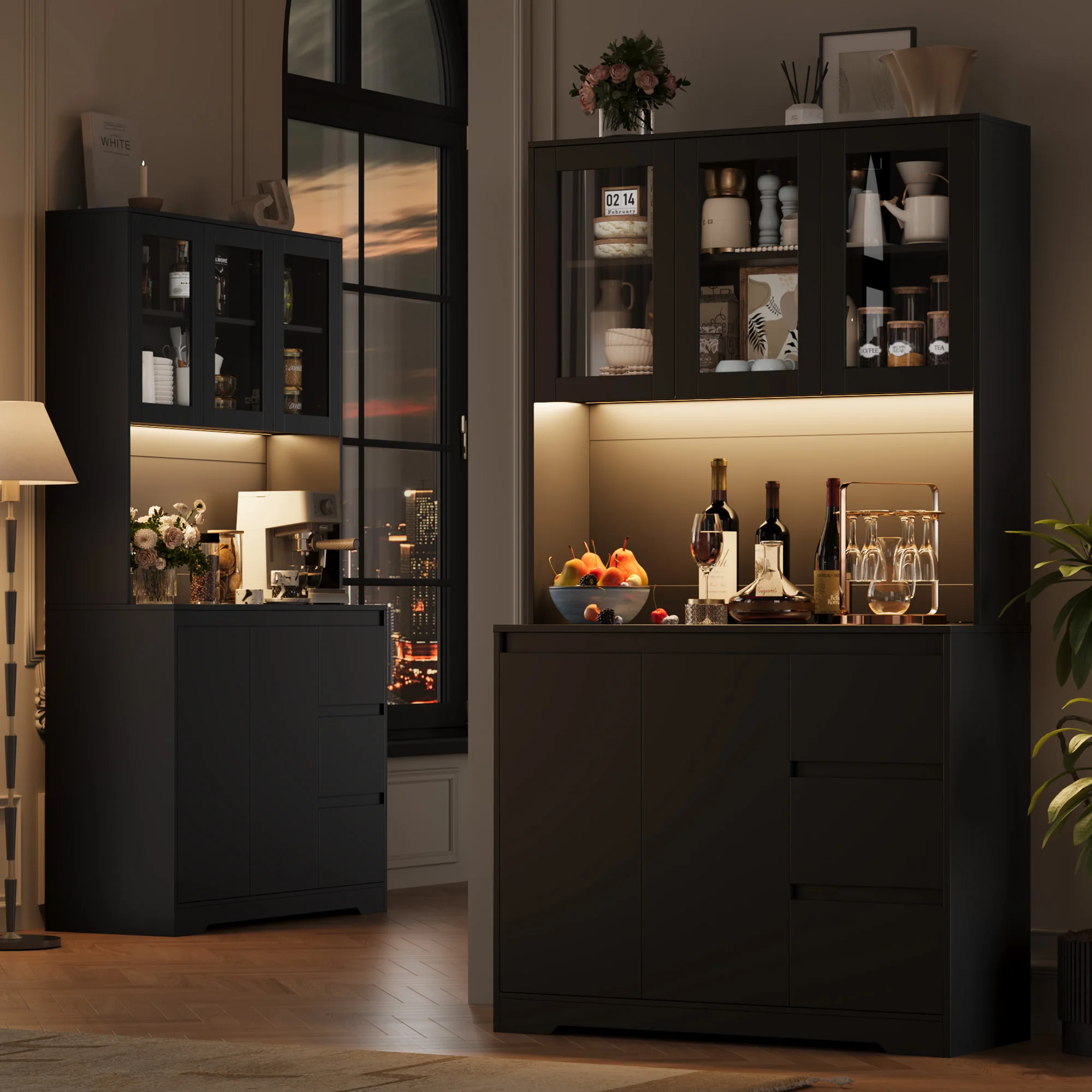 بوفيه مطبخ Getone مع LED، خزانة ملابس المطبخ، خزانة بوفيه مع 3 مقابس للأدراج، رف قابل للتعديل 100 × 38.5 × 180 سم