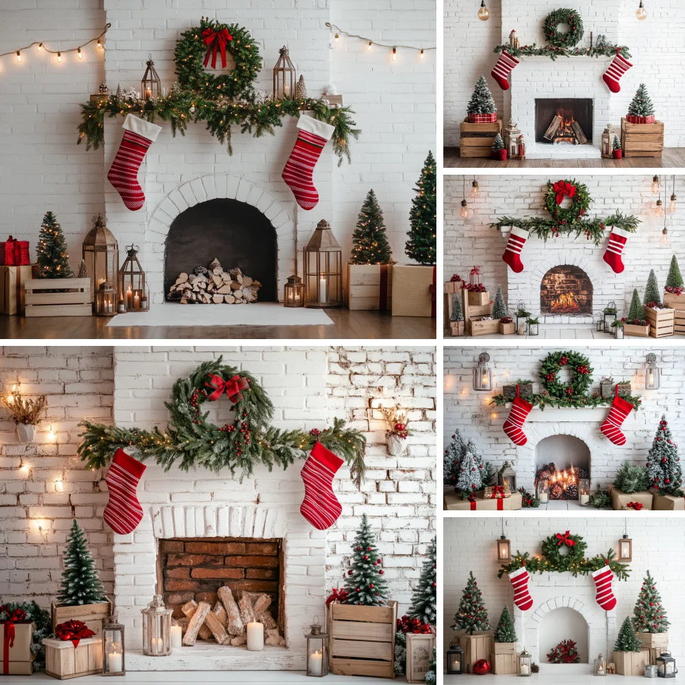 

Christmas Photography Backdrop Fireplace New Year Ornaments Decoration Photozone Background Children Studio Photobooth Props