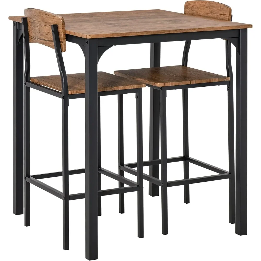 3 Piece Industrial Counter Height Dining Table Set, Bar Table & Chairs with Steel Legs & Footrests