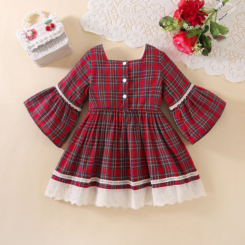 Christmas Dresses Baby Kids Girl Clothes Red Long Sleeve Lace Ruffle Trim Bow Plaid Dress Cotton New Year Outfit Clothes 3M-3Y