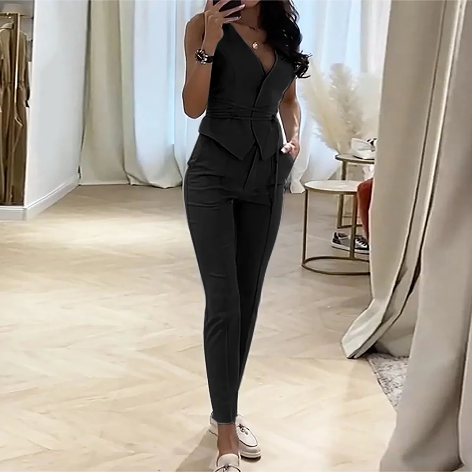 Women's Sleeveless Vest Trouser Suit, 2pcs Coats Blazer Suit Plain, Two Piece Slim Fit Sporty Trouser Suit, Streetwear Clothing