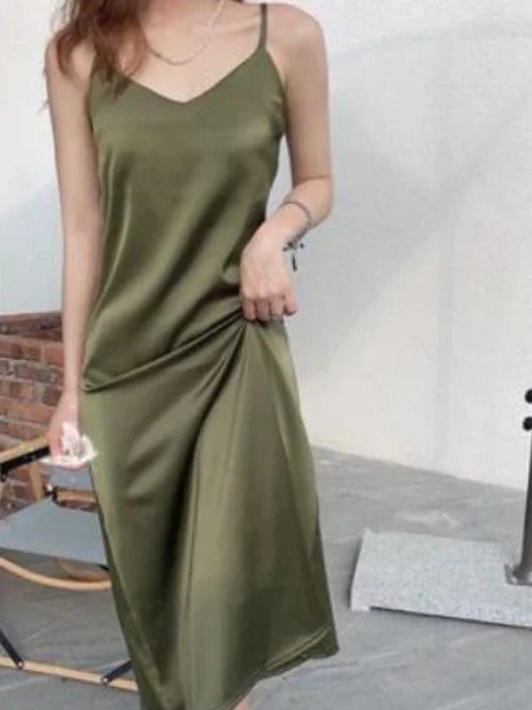 프렌치 Y2K 스타일 H라인 드레스 여성 미디 빈티지 우아한 여름 스파게티 스트랩 인스 스트리트웨어 여성 백리스 미니멀리스트 베스티도스