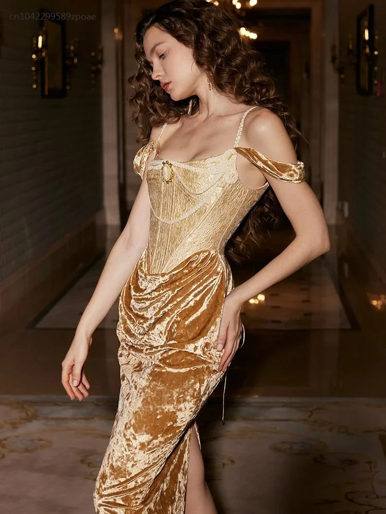 

Spaghetti Strap Vintage Designer Runway Gold Party Sexy Women Dress Lady Chic Trendy European Elegant 2024