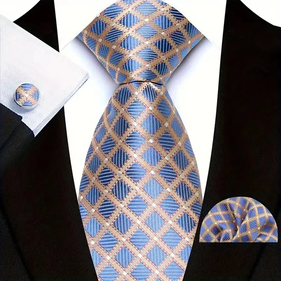 Men Tie Hankerchief Set Plaid & Checks 8CM Necktie Pocket Square Cravat for Male Wedding Party Business Gift Accessories
