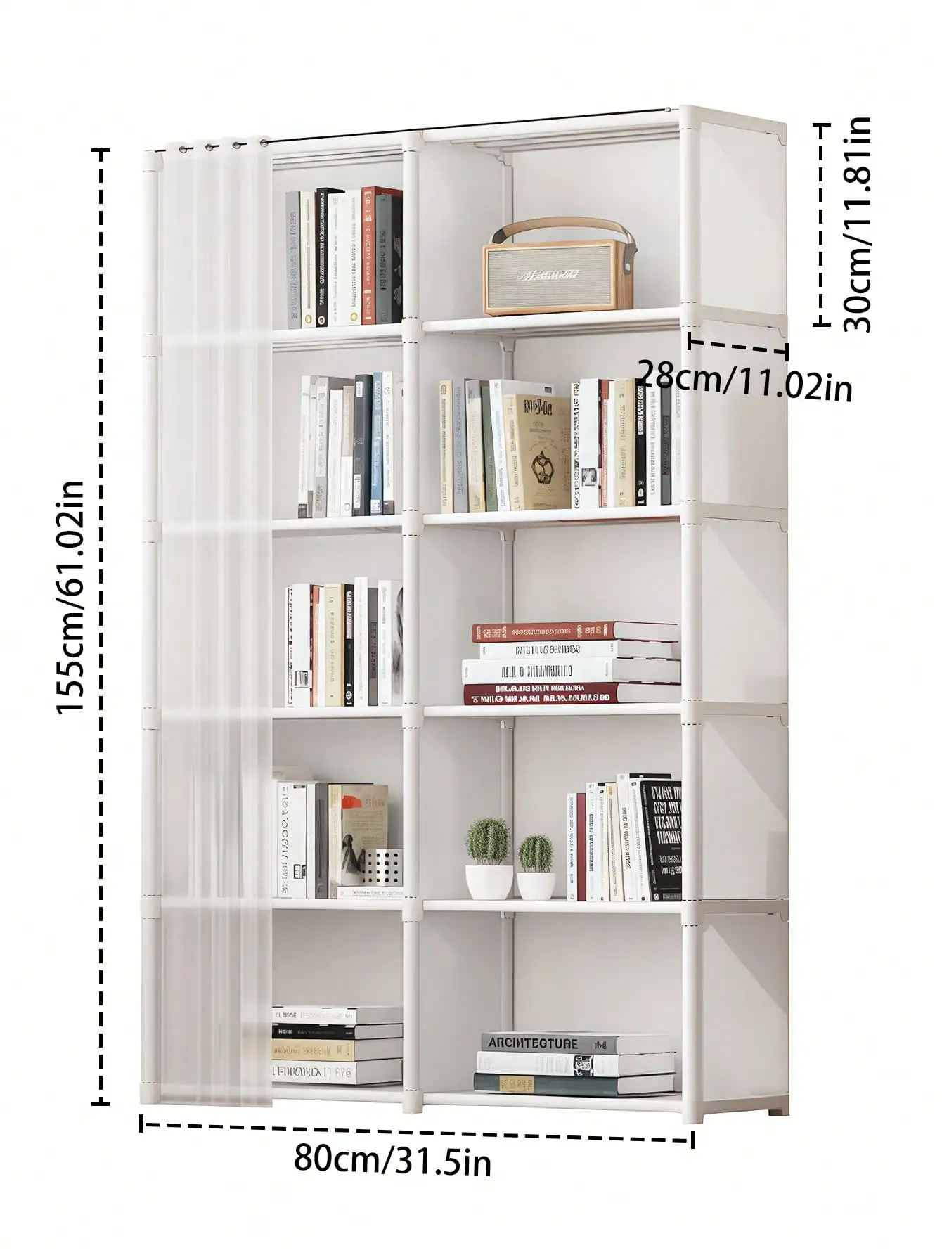 Multi Tier Storage Rack Modern White Bookshelf Cabinet Unit Double Row Large Capacity Bookcase Shelving Organizer With Dustproof Curtain Easy Assembly For Home Office Classroom Dormitory Rental Room Housewarming Gift