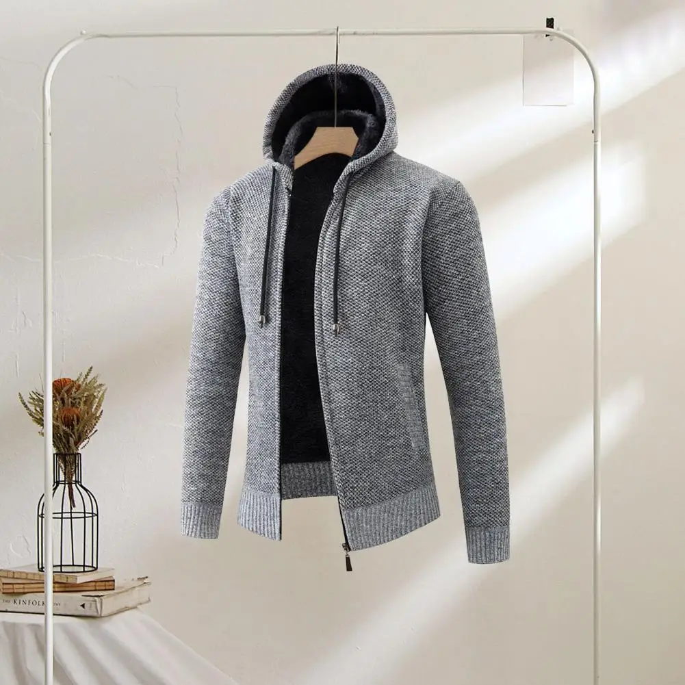 

Hooded Knit Cardigan Men's Fall Winter Hooded Cardigan Coat with Velvet Lining Ribbed Cuffs Zipper Closure Stylish for Daily