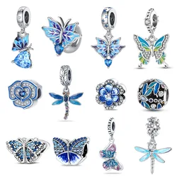 925 Sterling Silver Blue Murano Bead Pansy Flower Dangle Charm Fit 4MM hole diamete  Bracelet And Necklace  Jewelry Gift