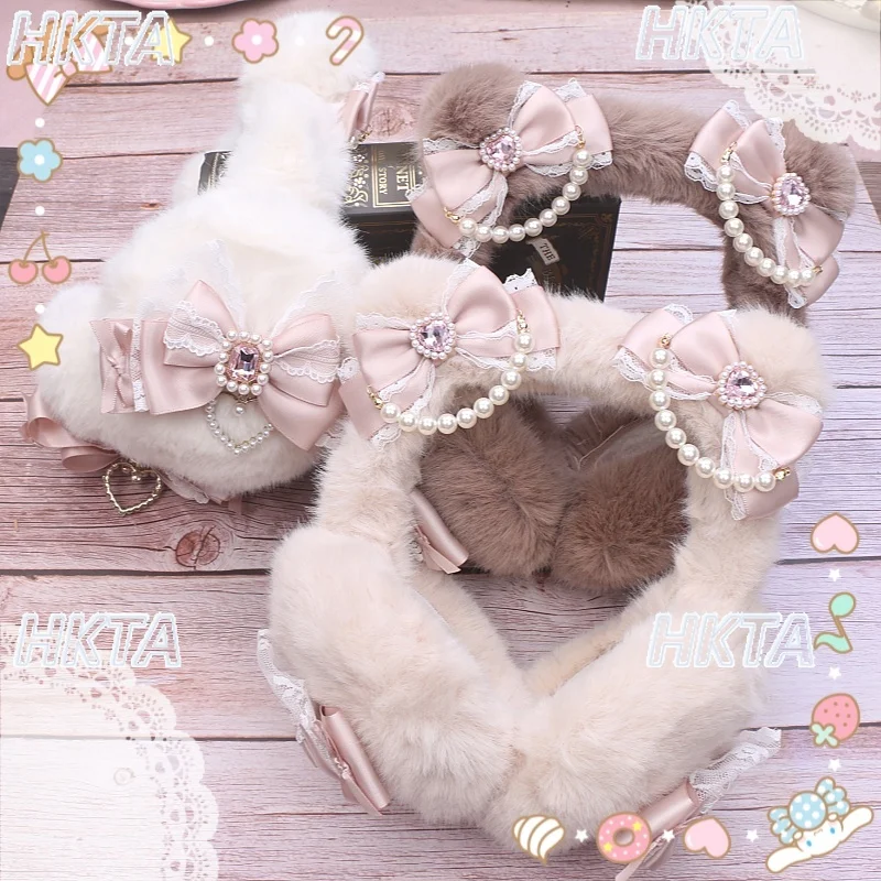 Handmade Original Cute Lace Bow Beaded Ear Muffs Girls Women Fashion Sweet Warm Fluffy Ear Protection New Winter Accessories