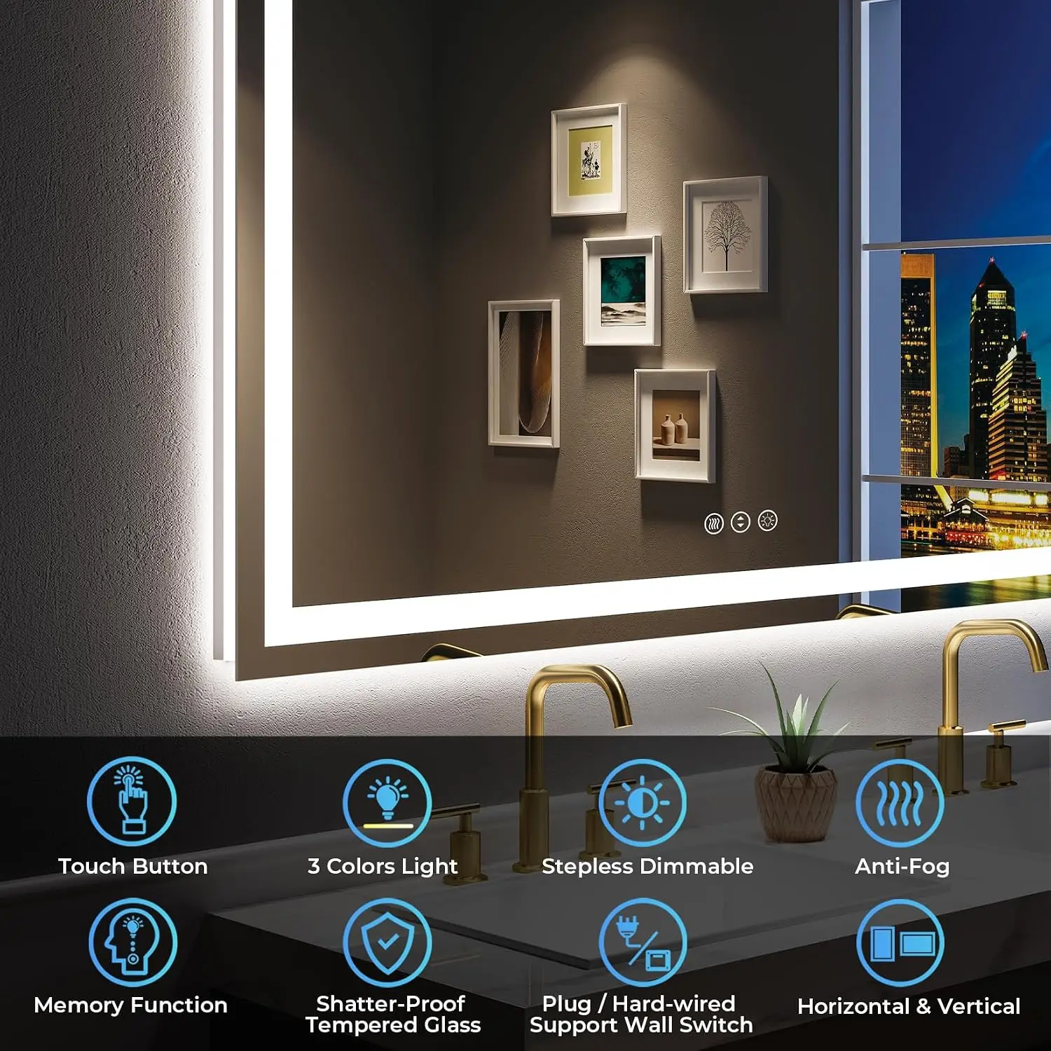 60x36 Inch LED Bathroom Mirror Lights Front Backlit Lighted Vanity Wall 3 Colors Dimmable Anti Fog Memory Shatter Proof IP54 Wat