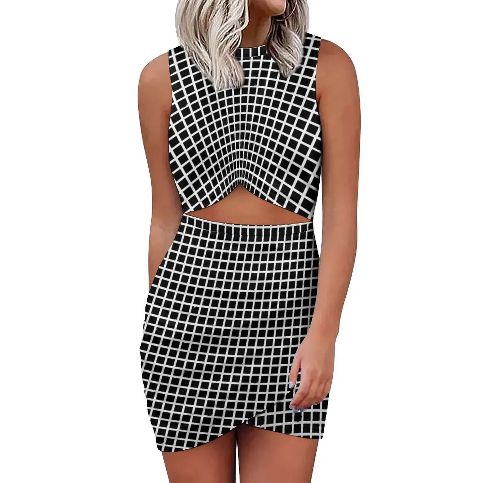 

Check Print Dress Hollow Out Black And White Plaid Aesthetic Dresses Summer Modern Bodycon Dress Woman Oversized Vestidos