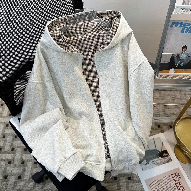 Korean Style Double-sided Checkered Hooded for Women Autumn Winter Oversized Loose Zip Up Hoodie Sweatshirtc Coat Y2k Clothes