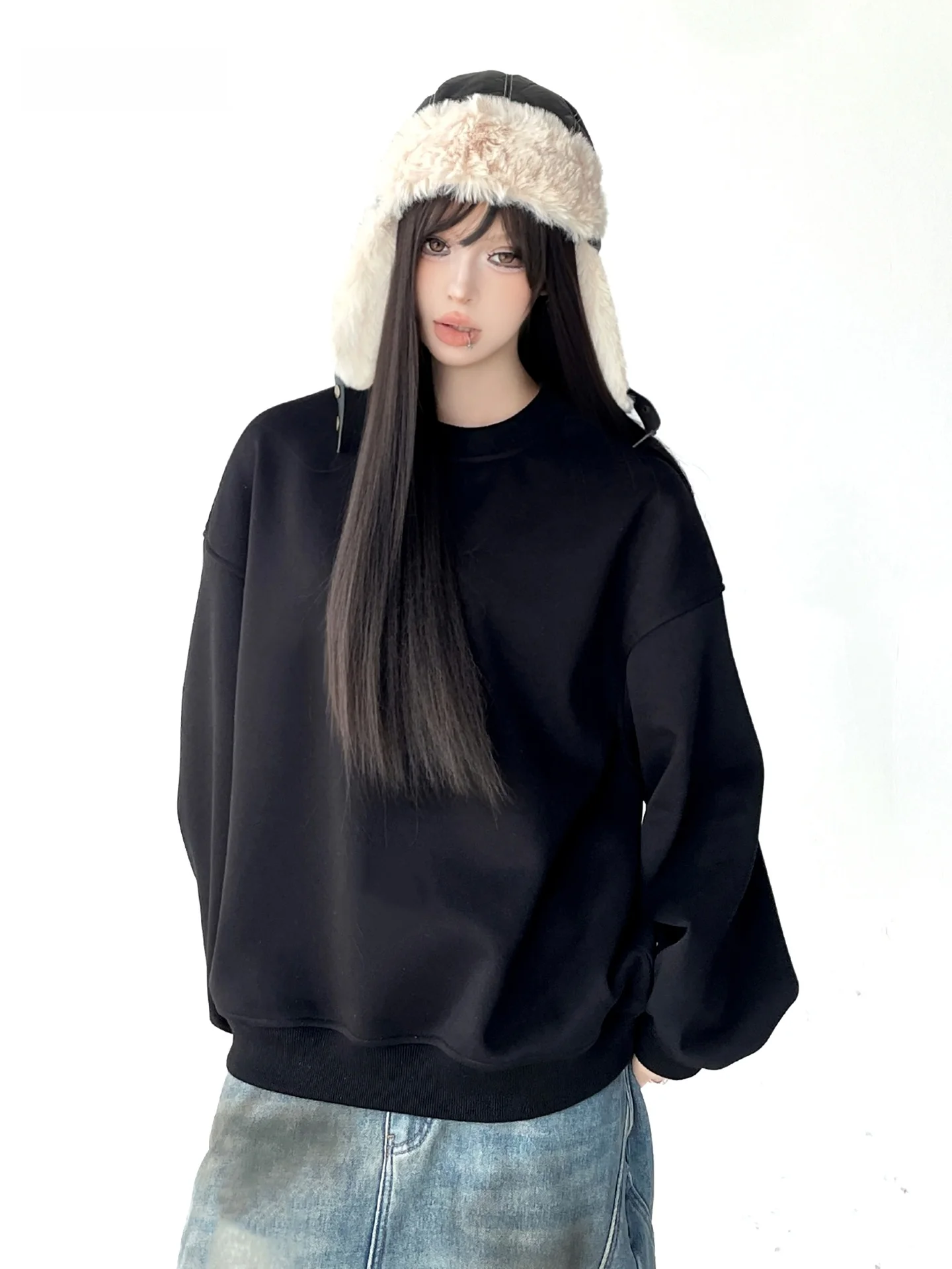 

Женская толстовка свободного кроя с длинными рукавами, утепленная флисом, повседневная, в уличном стиле, зима 2025, новинка, корейский стиль, ленивый шик