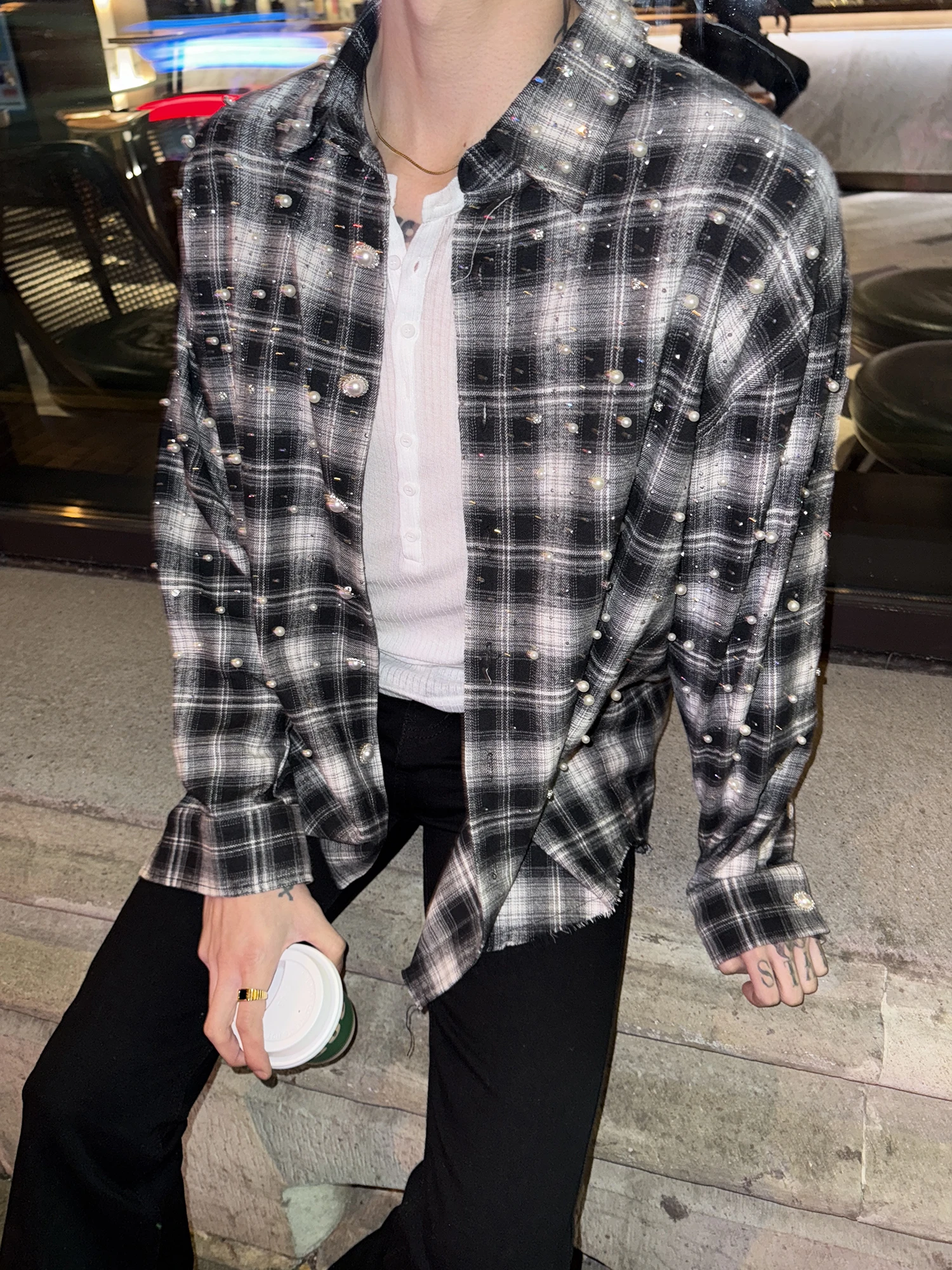 

Heavy Du Rhinestone Embellied Свободный крой Long Sve Plaid irt для мужчин Весна Осень Высококачественный повседневный износостойкий