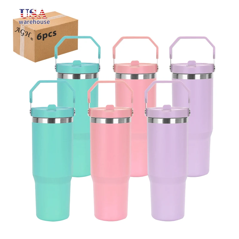 

6pcs 30oz Mixed Color Double Wall Powder Coated Stainless Steel Tumbler with Portable Lid Hu