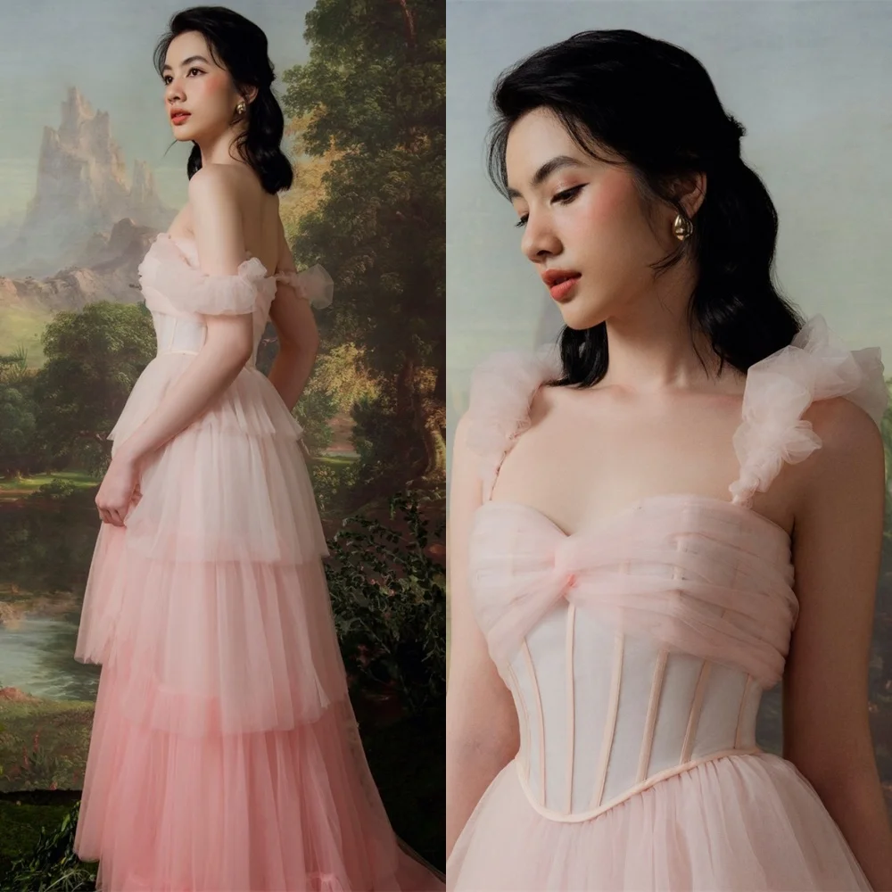 

Customized Luxury Tulle Evening Dress Modern Strapless Cap Sleeve Homecoming Dresses Modern Sweep Train Special Occasion Gowns