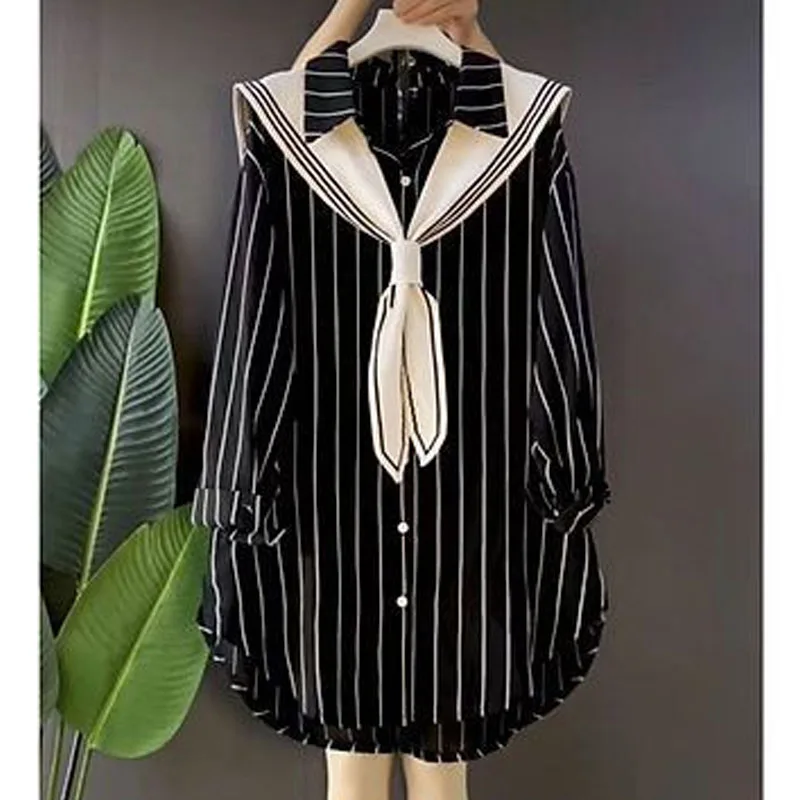 

Striped Printed Scarf Patchwork Female Shirt Fashion Autumn Shirt Women Clothing Single-breasted Casual Turn-down Collar Blouses