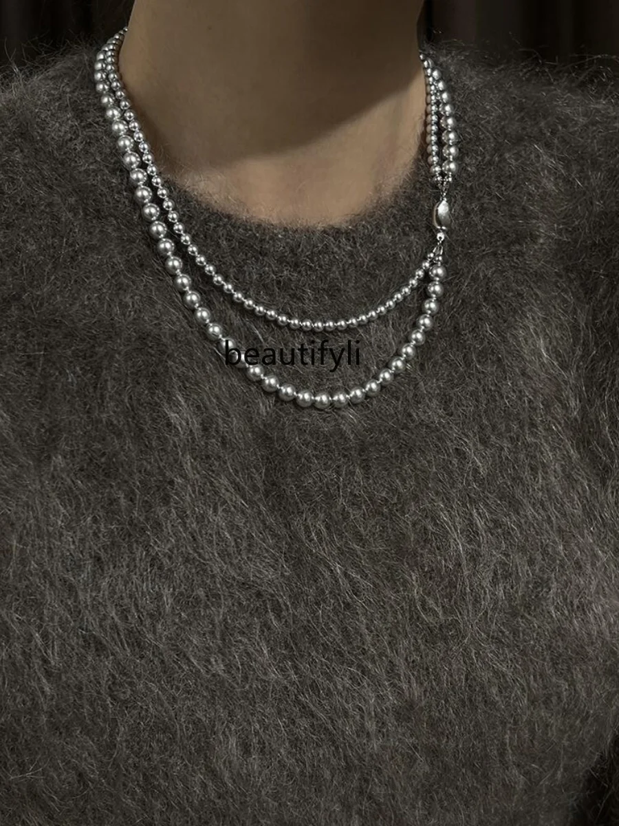 New silver-gray double-layer pearl necklace light luxury niche high-end versatile temperament collarbone chain