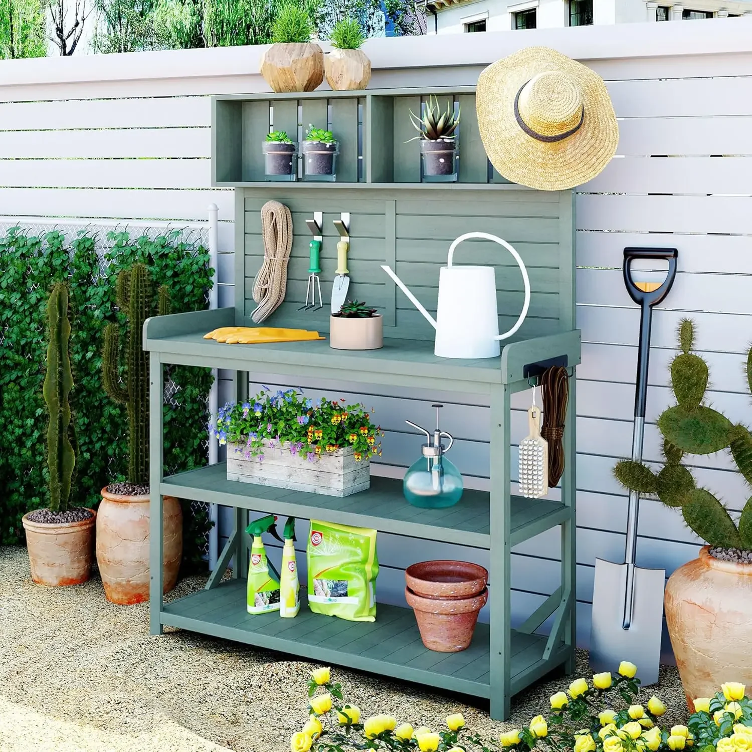 Large Wooden Farmhouse Rustic Outdoor Patio Workstation Potting Bench Table with 4 Storage Shelves and Side Hook - Green