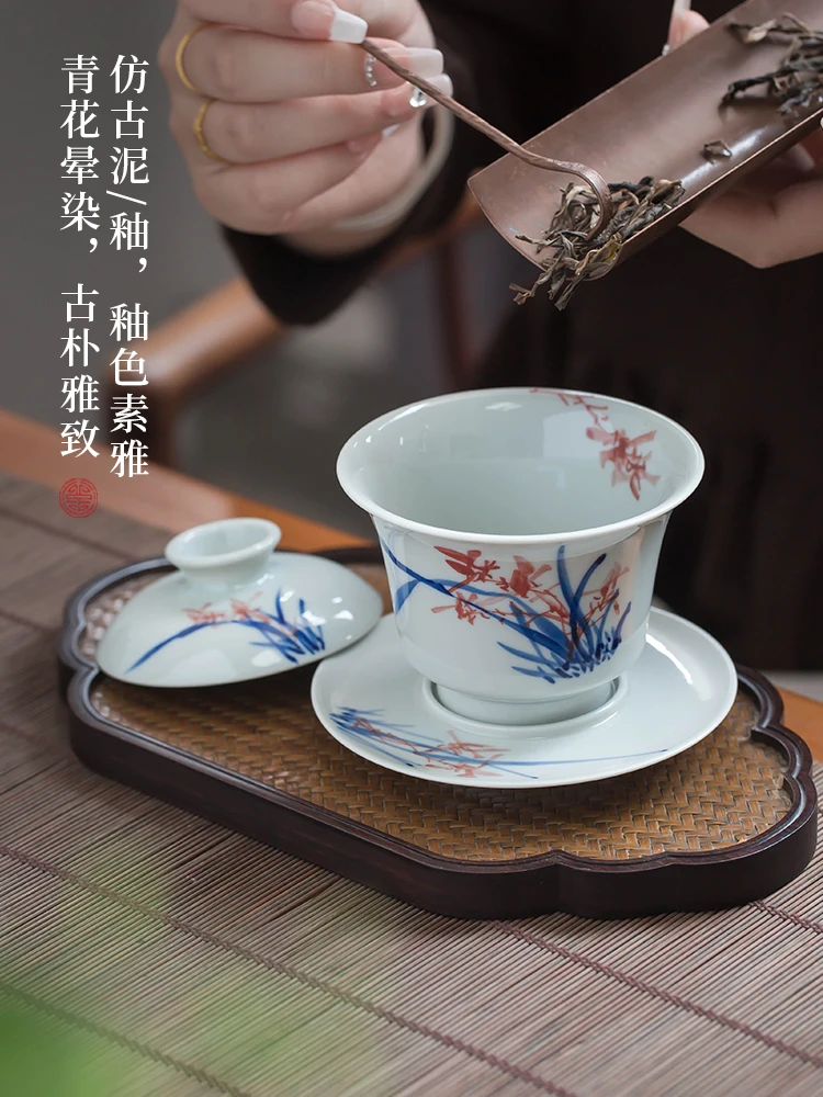 Purely Handmade Ceramics Gaiwan High-End Hand-Painted Blue and White Porcelain Kung Fu Tea Set Tea Making Cover Teacup Single