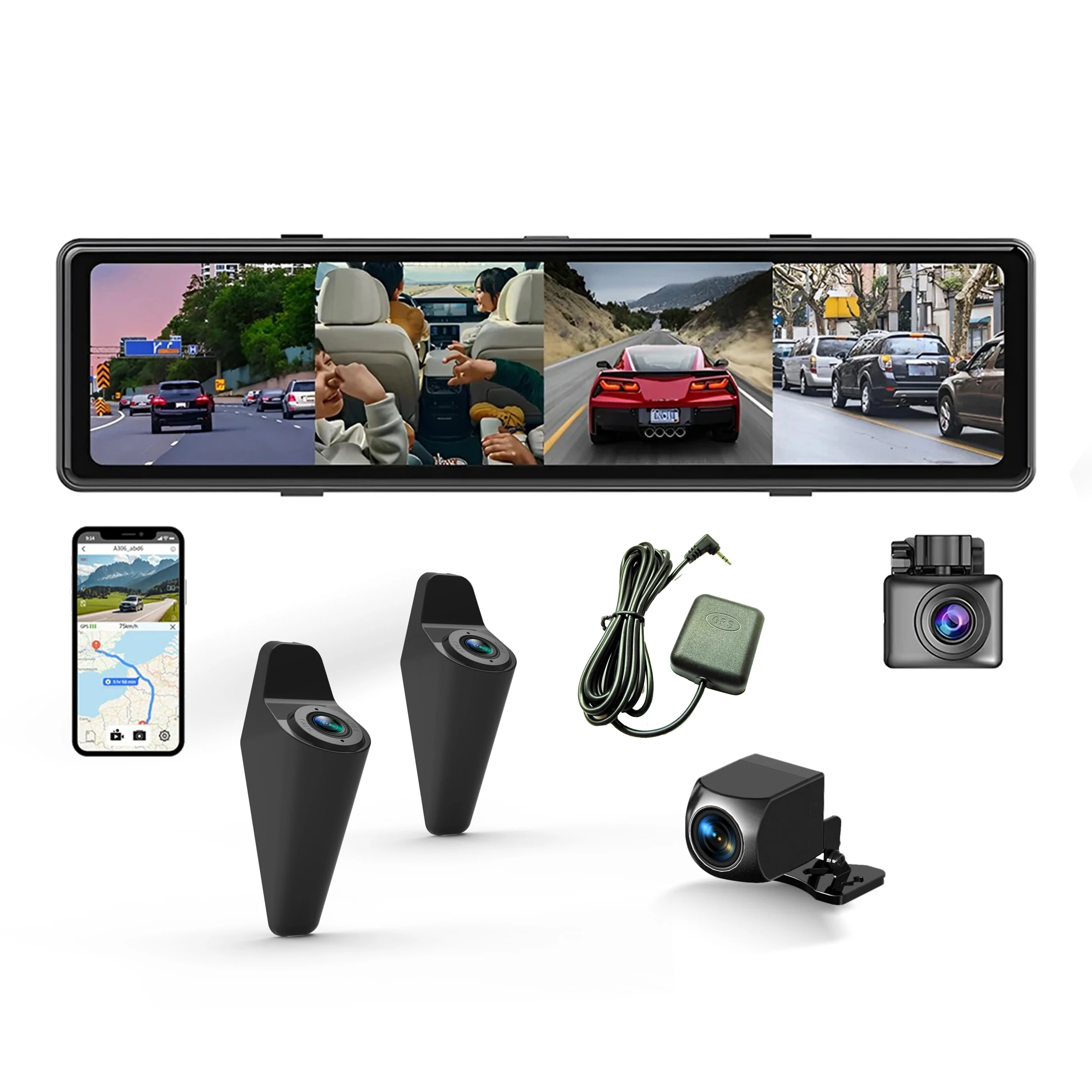 IPoster 12 Inch Dash Cam WIFI GPS Track HD Camera 360 View System Car DVR Rear View Mirror Recorder 4 Channel 1080P Video Kit