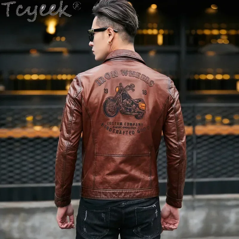 Tcyeek Genuine Leather Jacket Men Spring Autumn Natural Sheepskin Coats Men's Motocycle Jackets Oil Wax Leather Coat Slim Fit