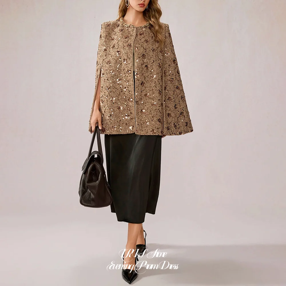 Luxury Sequin Beaded Tweed Cape Jacket Black Skirt for Women O-Neck Evening Outerwear for Prom Gala Wedding Guest view 2