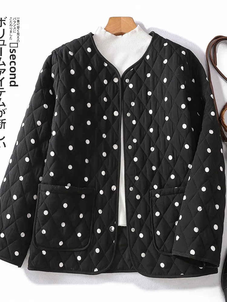 

Retro Polka Dot round Ne Cotton Jaet Women's Autumn Winter Warm ort Loose Coat Button Design Comfortable Cotton Outerwear