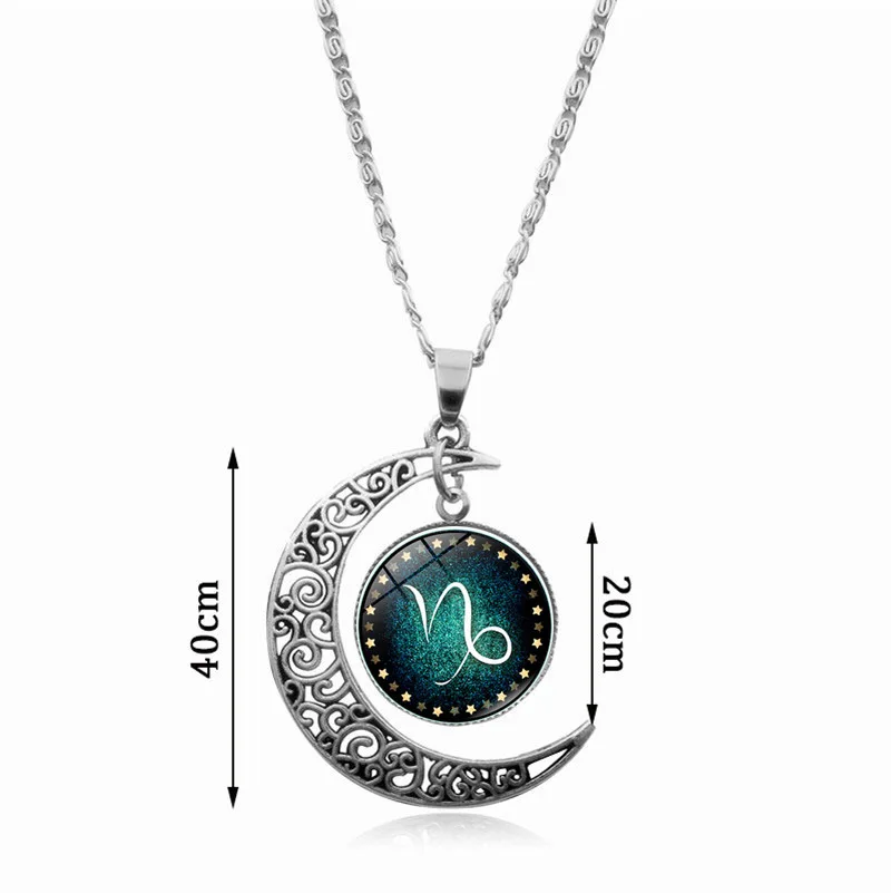 12 Constellation Zodiac Time Gem Filigree Crescent Moon Pendant Necklace For Women Fashion Sweater Chain Astrology Jewelry Gift
