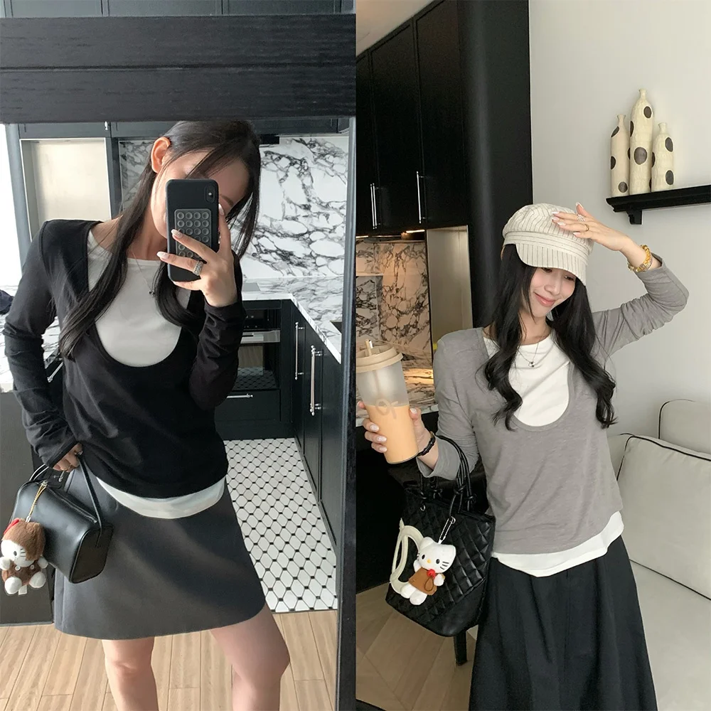 

False Two-Piece U-Ne Sweater Women's Knitted V-Neline Autumn Faion Casual Comfortable Cotton Overhead Top