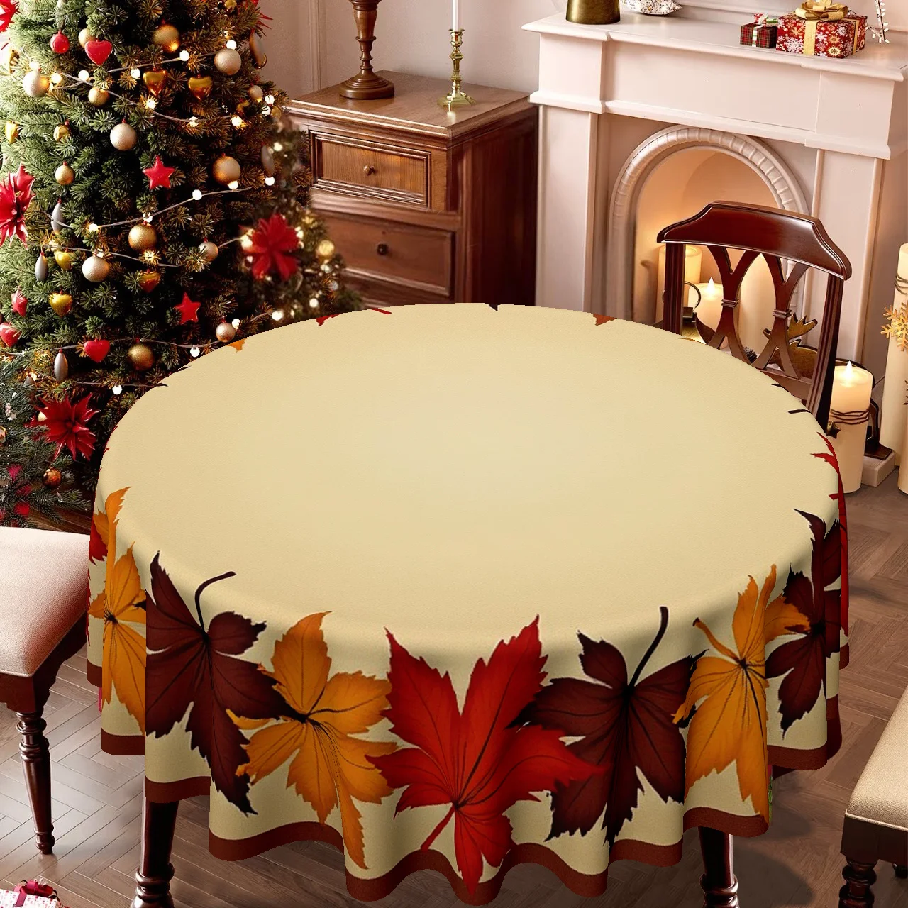 One tablecloth, featuring a Christmas-themed autumn leaf pattern, suitable for both home kitchens and dining areas.zyc