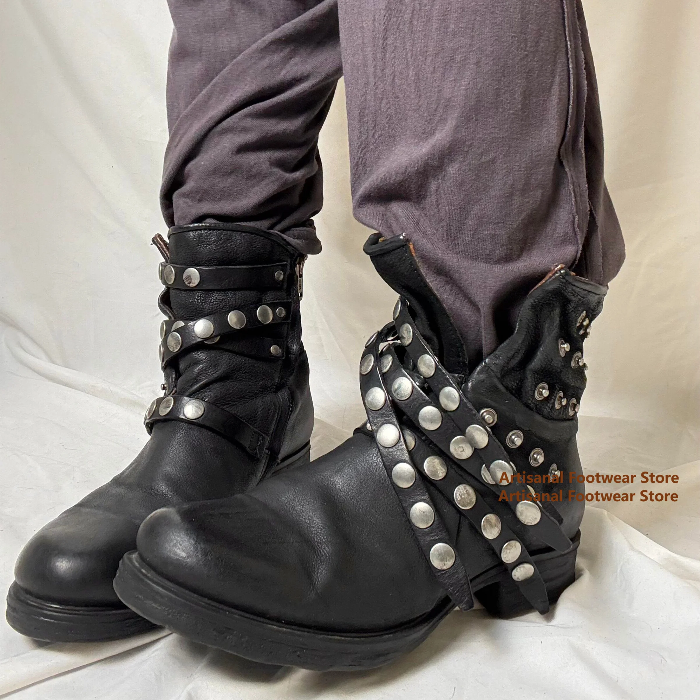 Black Leather Motorcycle Ankle Boots Vintage Punk Multi Strap Riveted Moto Boots Side Zipper Low Heel Gothic Boots for Men