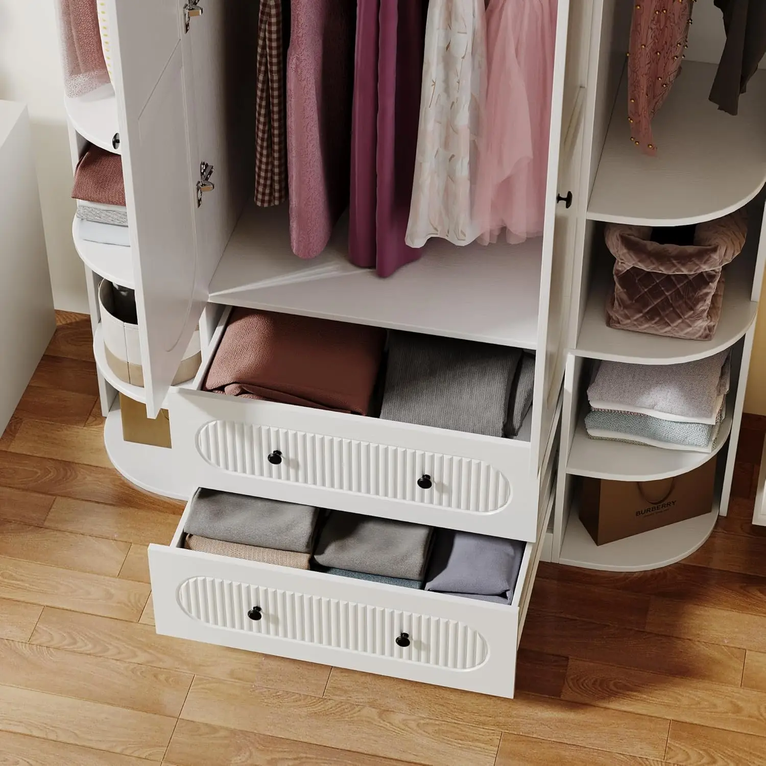 خزانة ملابس خشبية بيضاء مخددة مقاس 69 بوصة مع بابين، و3 قضبان، ودرجين، و6 أرفف