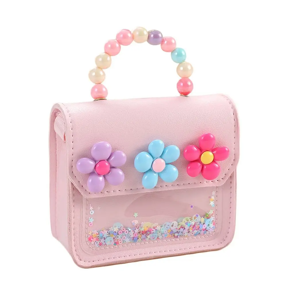 Flores bonitos bolsas das crianças saco do mensageiro doce meninas pérola brilhante crianças bolsa de ombro dos desenhos animados couro do plutônio crossbody sacos