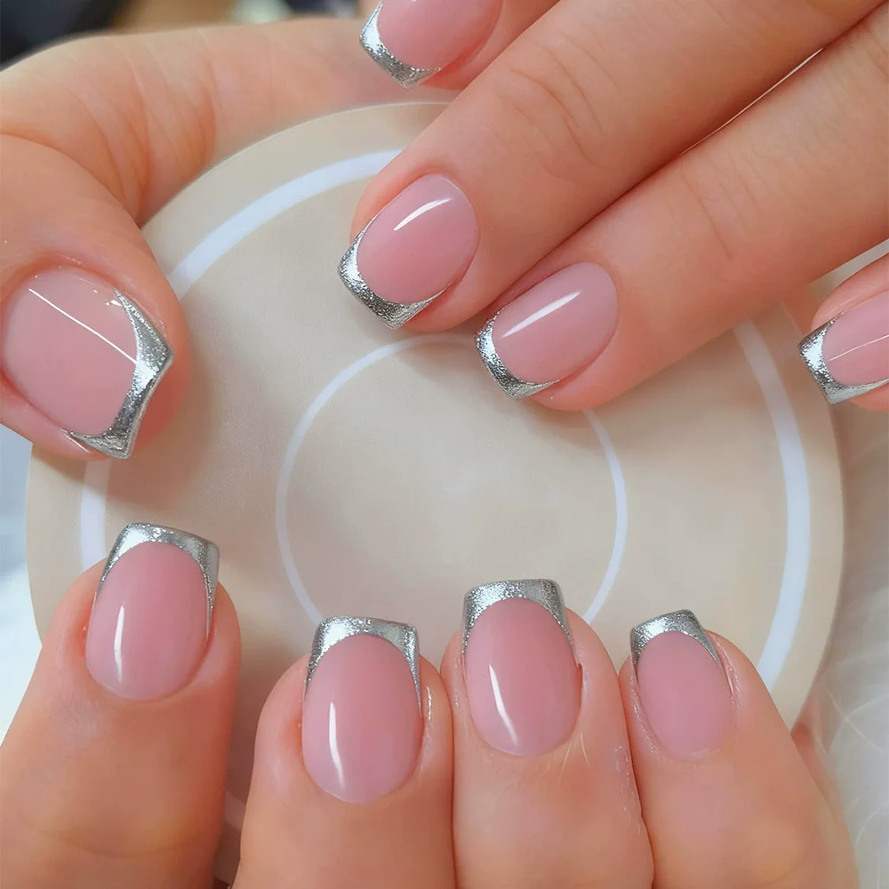 24 قطعة ضغط مربع على الأظافر الأبيض الفرنسي تلميح لامعة الأظافر وهمية متوسطة الطول عصا على الأظافر موضة بسيطة الأظافر كاذبة قابلة لإعادة الاستخدام #1