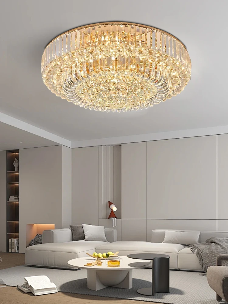 

Круглые золотые роскошные хрустальные потолочные люстры для гостиной, спальни, современное потолочное освещение, светодиодные лампы