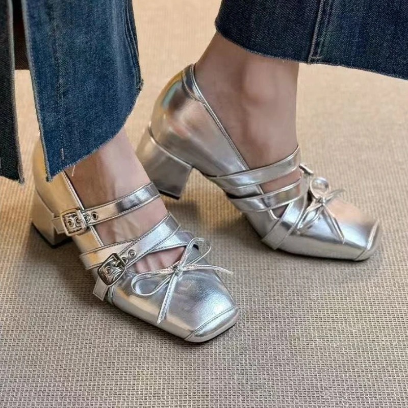 

Bow Women Square Toe Heeled Shoes Designer New Summer Sandals High Heels Shoes 2025 Marie Janes Chunky Pumps Woman Zapatillas
